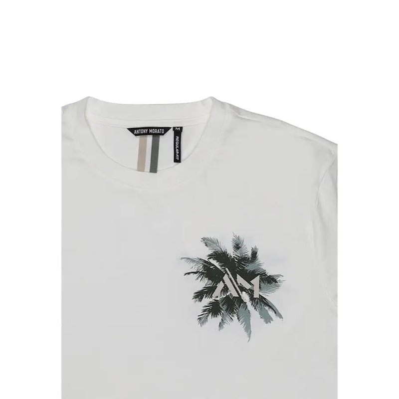 Antony Morato men t-shirt white cotton with black and gray palm tree graphic and am logo at center front