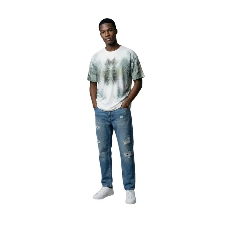 Antony Morato hommes t-shirt blanc avec un motif abstrait symétrique de loup dans des tons de vert et de gris