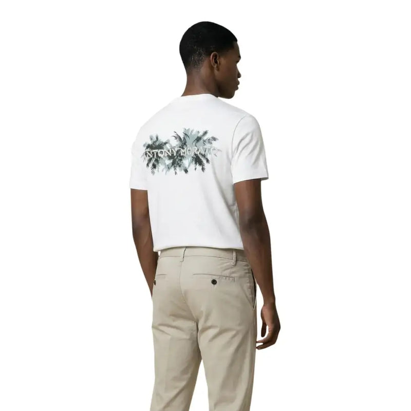 Image of the back side of a white Antony Morato men t-shirt with short sleeves and a palm tree graphic and text design