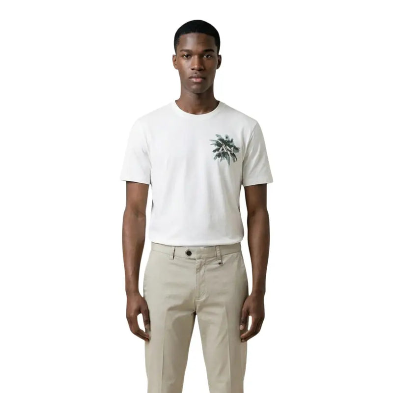 Antony Morato men white cotton t-shirt with subtle green palm leaf graphic on the left chest
