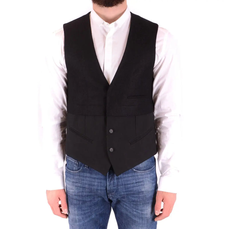 Antony Morato Gilet noir en laine mélangée pour homme, col en V, coupe cintrée, trois boutons et poches à rabat