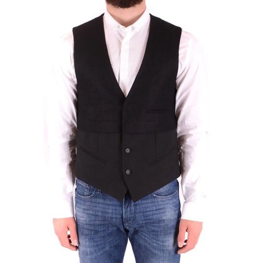 Antony Morato Gilet noir en laine mélangée pour homme, col en V, coupe cintrée, trois boutons et poches à rabat