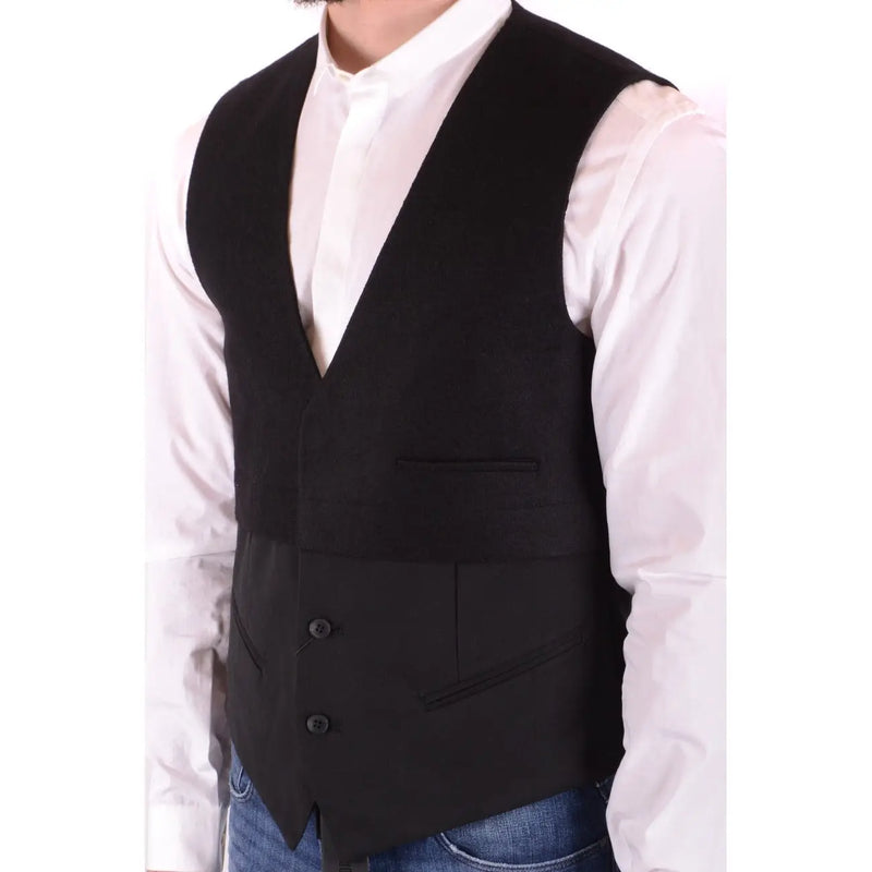 Antony Morato Gilet sans manches noir en laine mélangée pour homme, col en V, deux boutons sur le devant, coupe classique.
