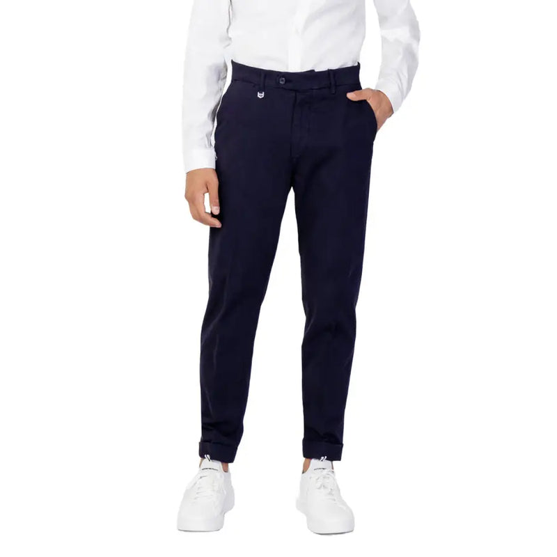 Antony Morato men’s navy blue tailored trousers with subtle logo waistband front pockets and rolled cuffs