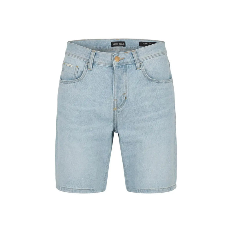 Antony Morato Short pour homme en denim clair délavé, cinq poches et étiquette de marque à la ceinture, vue de face