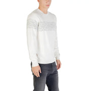 Antony Morato white knit sweater with subtle gray geometric pattern on chest and sleeves in round neck design
