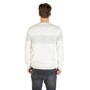 Back view of antony morato white print round neck knitwear featuring a subtle gray geometric pattern on knit fabric