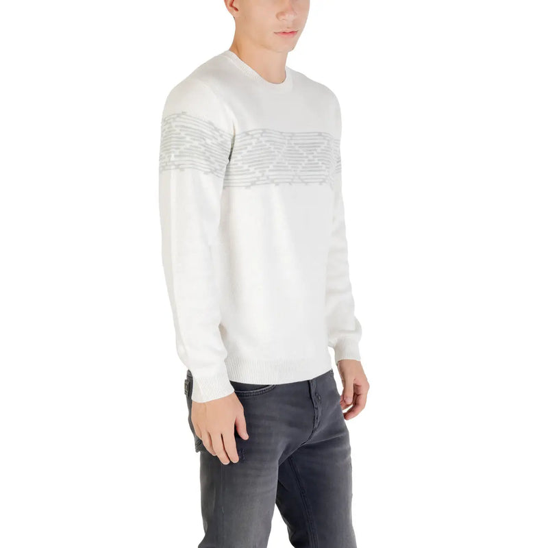 Antony Morato white knit sweater with subtle gray geometric pattern on chest and sleeves in round neck design