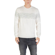 White lace panel sweater with a modern design and soft material.