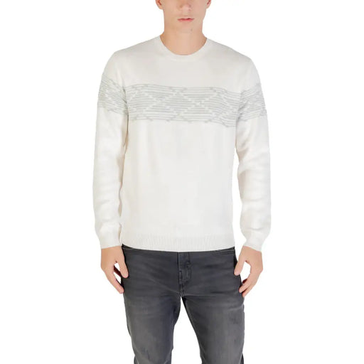 White lace panel sweater with a modern design and soft material.