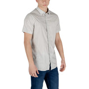 Armani Exchange beige geometric short sleeve men shirt in light gray with subtle textured pattern and button-down front
