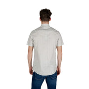 Armani exchange beige geometric short sleeve men shirt in light gray with subtle textured weave and button-up front