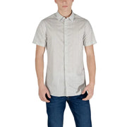 Armani Exchange beige geometric short sleeve men shirt in light gray with subtle geometric pattern and button-up style