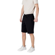 Black cotton drawstring shorts with elastic waistband and pockets.