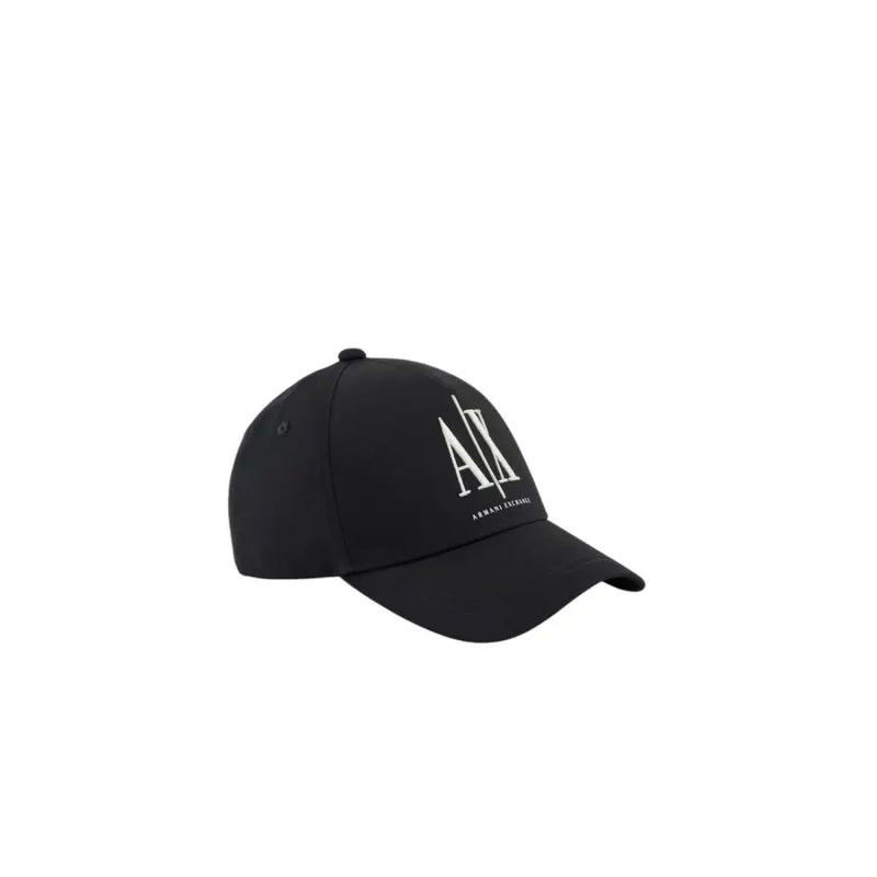 Black baseball cap with white logo and adjustable strap.
