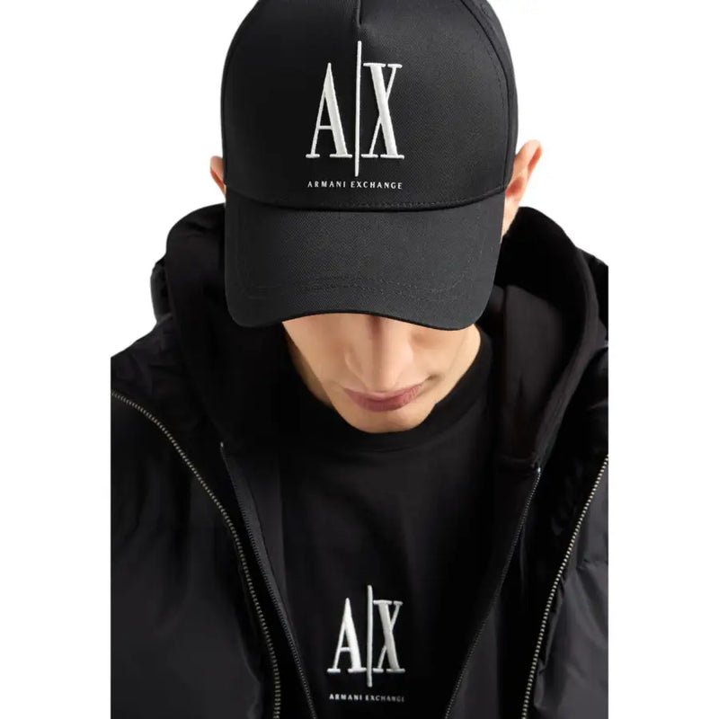 Armani Exchange black cotton baseball cap for men with white a x logo and brand name embroidered on front