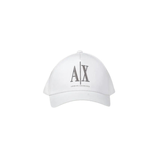 White Armani Exchange baseball cap in premium cotton featuring gray embroidered A|X logo and brand name