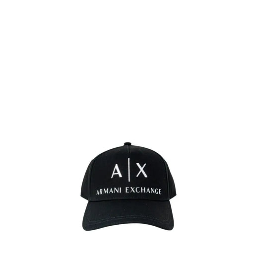 Black armani exchange baseball cap with white logo and strap.