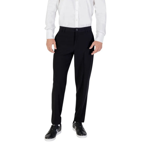 Armani Exchange black fall winter tailored trousers with sleek straight-leg cut, subtle pleats, zip and button pockets