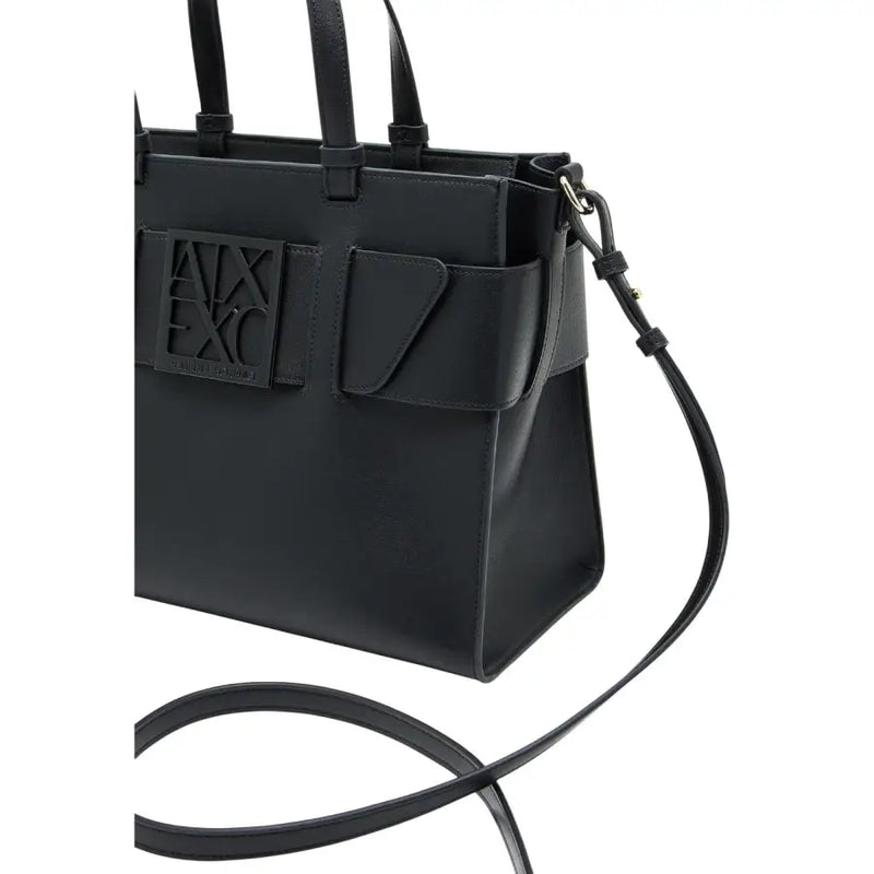 Armani Exchange black faux leather tote bag with embossed logo plaque and adjustable shoulder strap