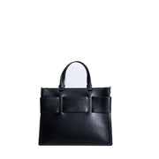Armani Exchange black faux leather tote handbag with structured design, top handles, and shoulder strap