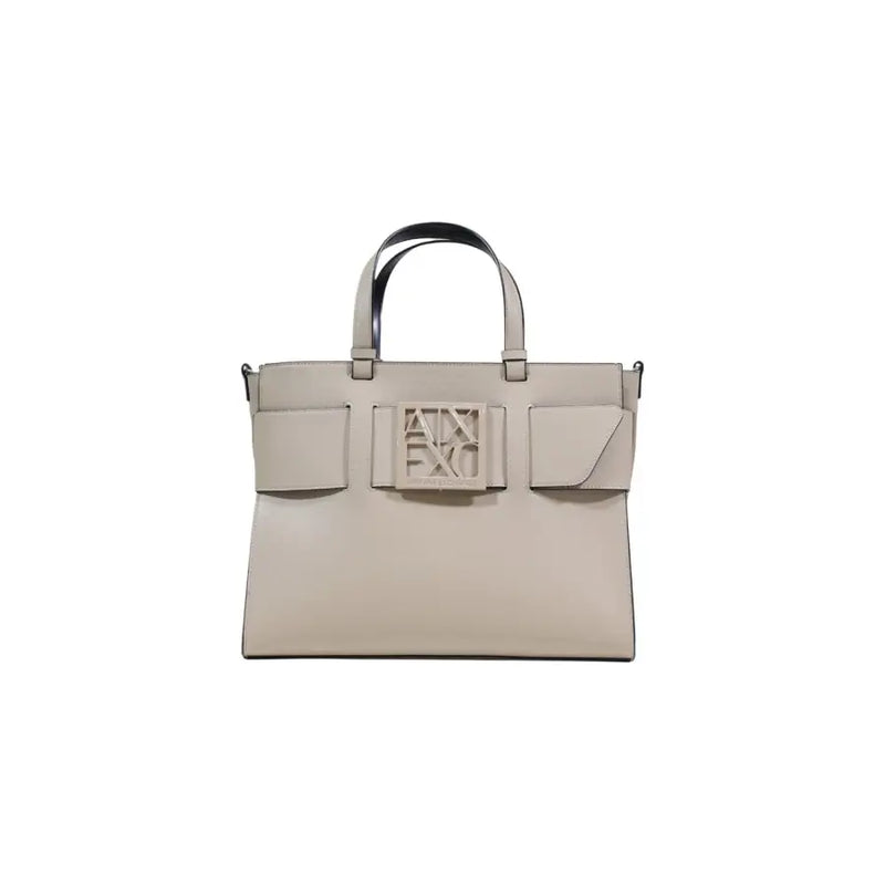 Armani Exchange Sac à main en cuir beige avec anses noires et plaque logo