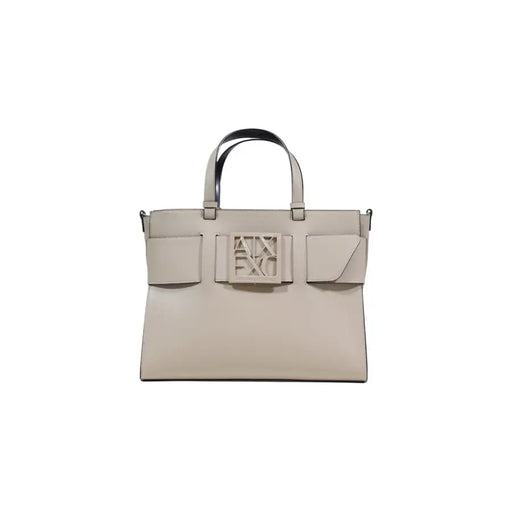 Armani Exchange Sac à main en cuir beige avec anses noires et plaque logo