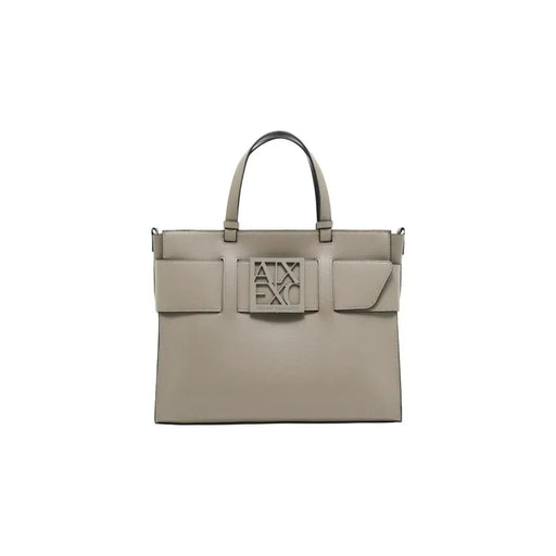 Armani Exchange Sac cabas en cuir taupe avec plaque logo métallique