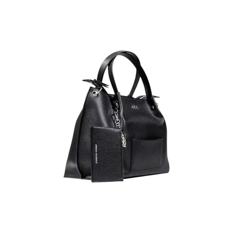 Armani Exchange black textured leather handbag with matching wallet attached by chain and inner pouch