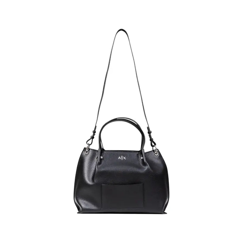 Armani Exchange black textured leather handbag with sleek minimalist design and silver-tone ajx logo on front