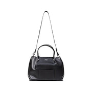 Armani Exchange black textured leather handbag with sleek minimalist design and silver-tone ajx logo on front