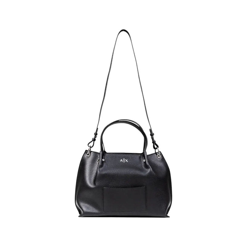 Armani Exchange black textured leather handbag with sleek minimalist design and silver-tone ajx logo on front