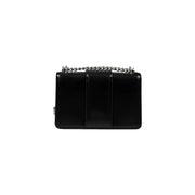 Armani Exchange black patent leather crossbody bag with silver chain strap and three vertical panel design with inside pocket