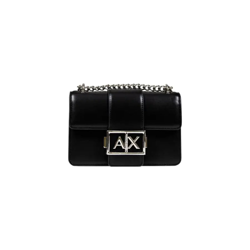 Armani Exchange black leather crossbody bag with silver chain strap logo clasp and inside pocket for daily use