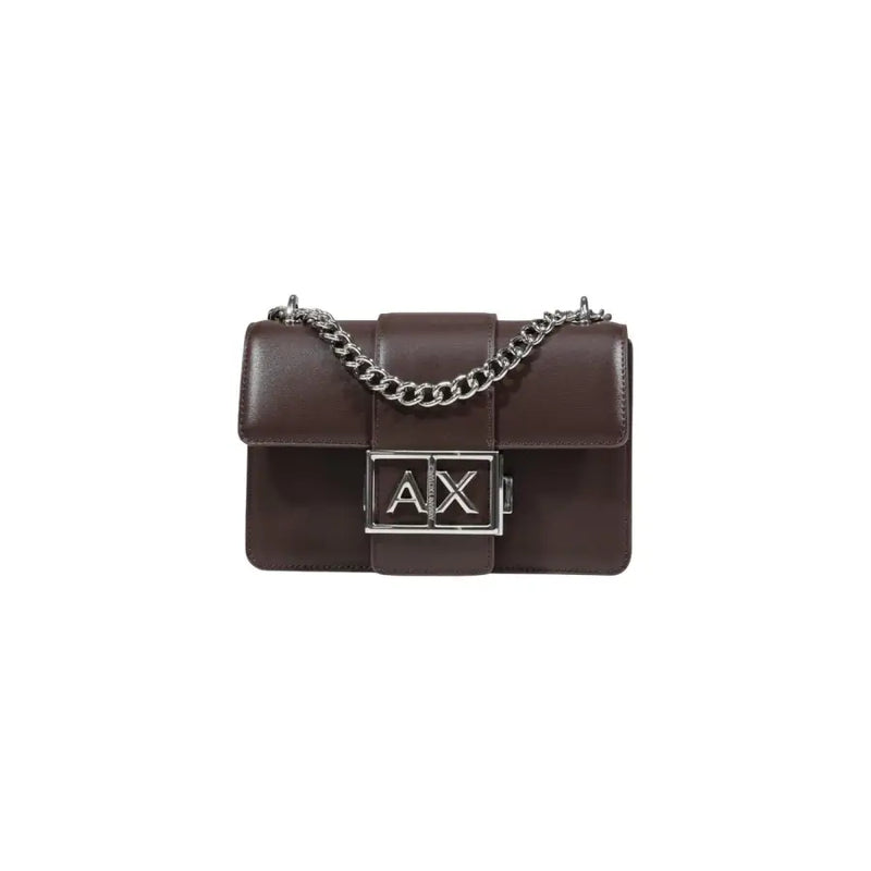 Armani Exchange Sac bandoulière en cuir marron avec bandoulière chaîne argentée et fermoir logo AX