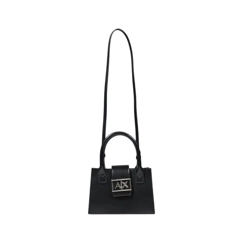 Armani Exchange black leather mini handbag with silver ax logo plaque and matching shoulder strap