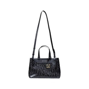 Armani Exchange black leather handbag with embossed exchange logo pattern and gold-tone hardware shoulder strap