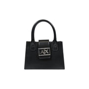 Armani Exchange black leather mini handbag with structured rectangular shape and dual top handles with shoulder strap