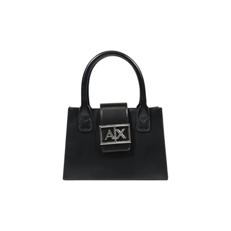Armani Exchange black leather mini handbag with structured rectangular shape and dual top handles with shoulder strap