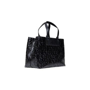 Armani Exchange black leather tote bag with shoulder strap and embossed repeating lettering pattern