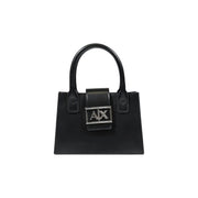 Armani Exchange black leather handbag with shoulder strap featuring a silver ax logo clasp on the front side