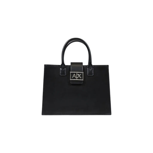 Armani Exchange black leather handbag with silver ax logo plaque and curved top handles with shoulder strap
