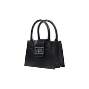 Armani Exchange black leather handbag with silver-tone ax logo clasp and dual top handles with shoulder strap