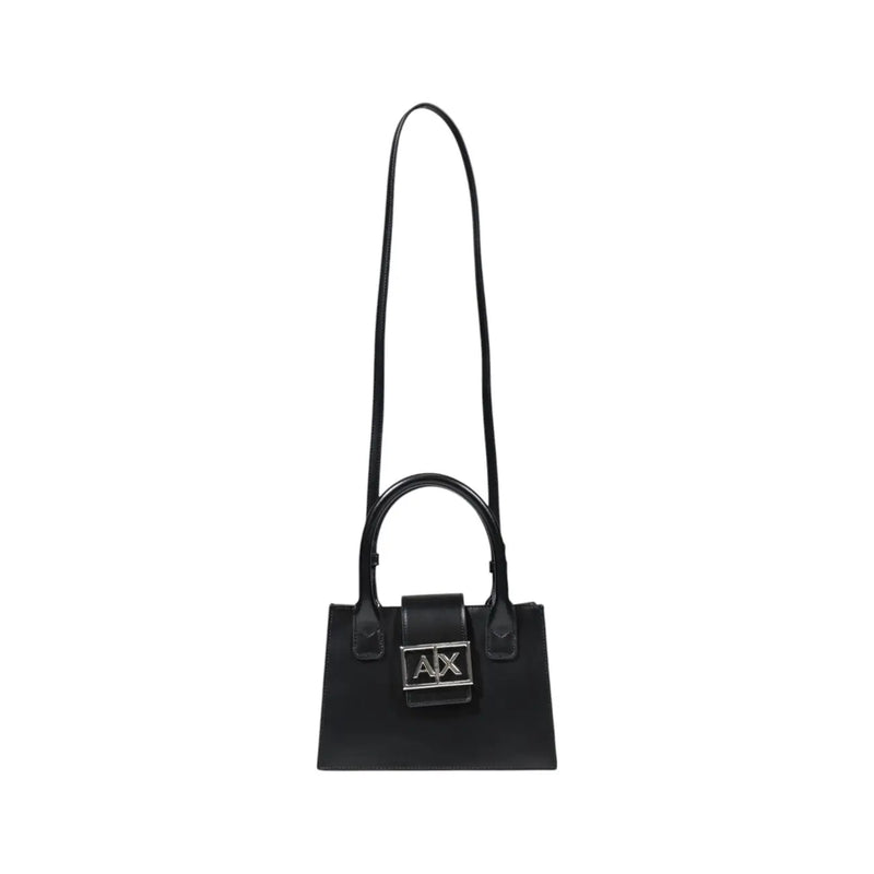 Armani Exchange black leather mini handbag with silver ax logo plaque and matching shoulder strap
