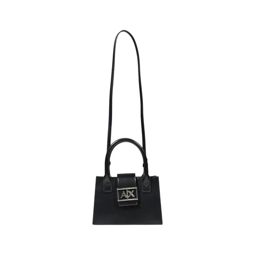 Armani Exchange black leather mini handbag with silver ax logo plaque and matching shoulder strap