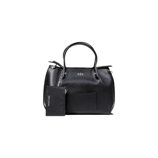 Black faux leather handbag with two top handles and detachable coin purse for Armani Exchange