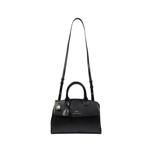 Armani Exchange black leather handbag with shoulder strap and gold-tone lock and tag with zip closure