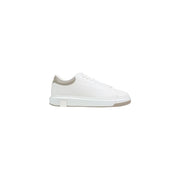 Armani Exchange white leather low-top sneaker for men with minimalist design and gray accents on heel tab and sole edge