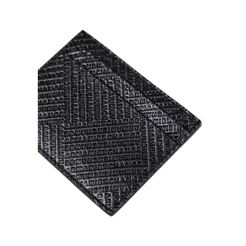 Black diamond-shaped metal pendant engraved with repeating armani exchange text on black leather wallet for men fall winter