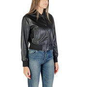 Women’s black faux leather bomber jacket from Armani Exchange with front pockets